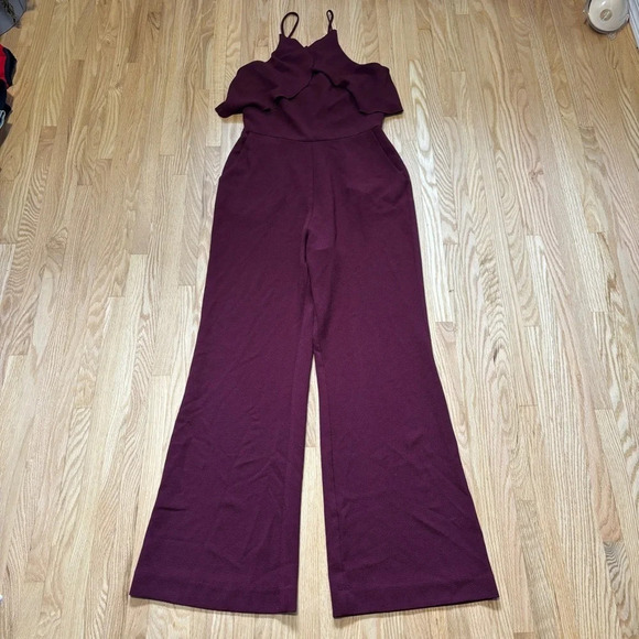 Charles Henry | Burgundy Wide Leg Ruffle Tie Up Halter Jumpsuit with Zipper Back - Picture 3 of 9
